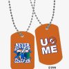 Ταυτότητα μεταλλική, κρεμαστή με αλυσίδα για το λαιμό John Cena never give up δύο όψεων με ετυπώσεις σε πορτοκαλί χρώμα.