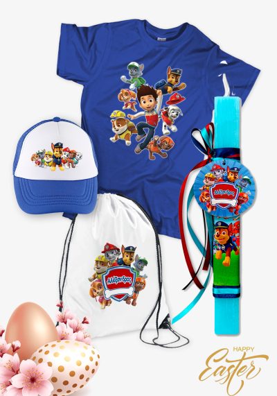 Πασχαλινό σετ δώρου που αποστελείται από t-shirt, σακίδιο πλάτης, καπέλο και μία χειροποίητη πασχαλινή αρωματική λαμπάδα - με το όνομα του παιδιού - PAW PATROL
