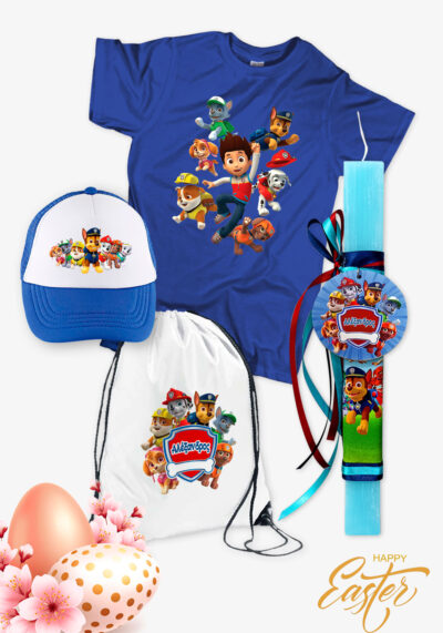 Πασχαλινό σετ δώρου που αποστελείται από t-shirt, σακίδιο πλάτης, καπέλο και μία χειροποίητη πασχαλινή αρωματική λαμπάδα - με το όνομα του παιδιού - PAW PATROL