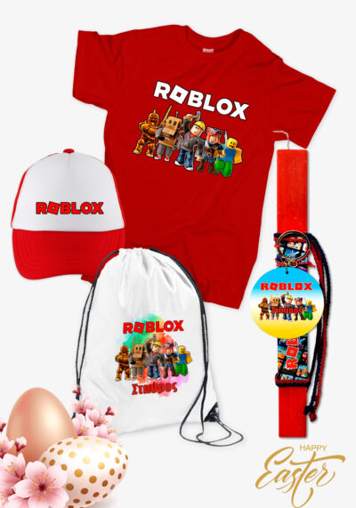 Πασχαλινό σετ δώρου που αποστελείται από t-shirt, σακίδιο πλάτης, καπέλο και μία χειροποίητη πασχαλινή αρωματική λαμπάδα - με το όνομα του παιδιού - ROBLOX