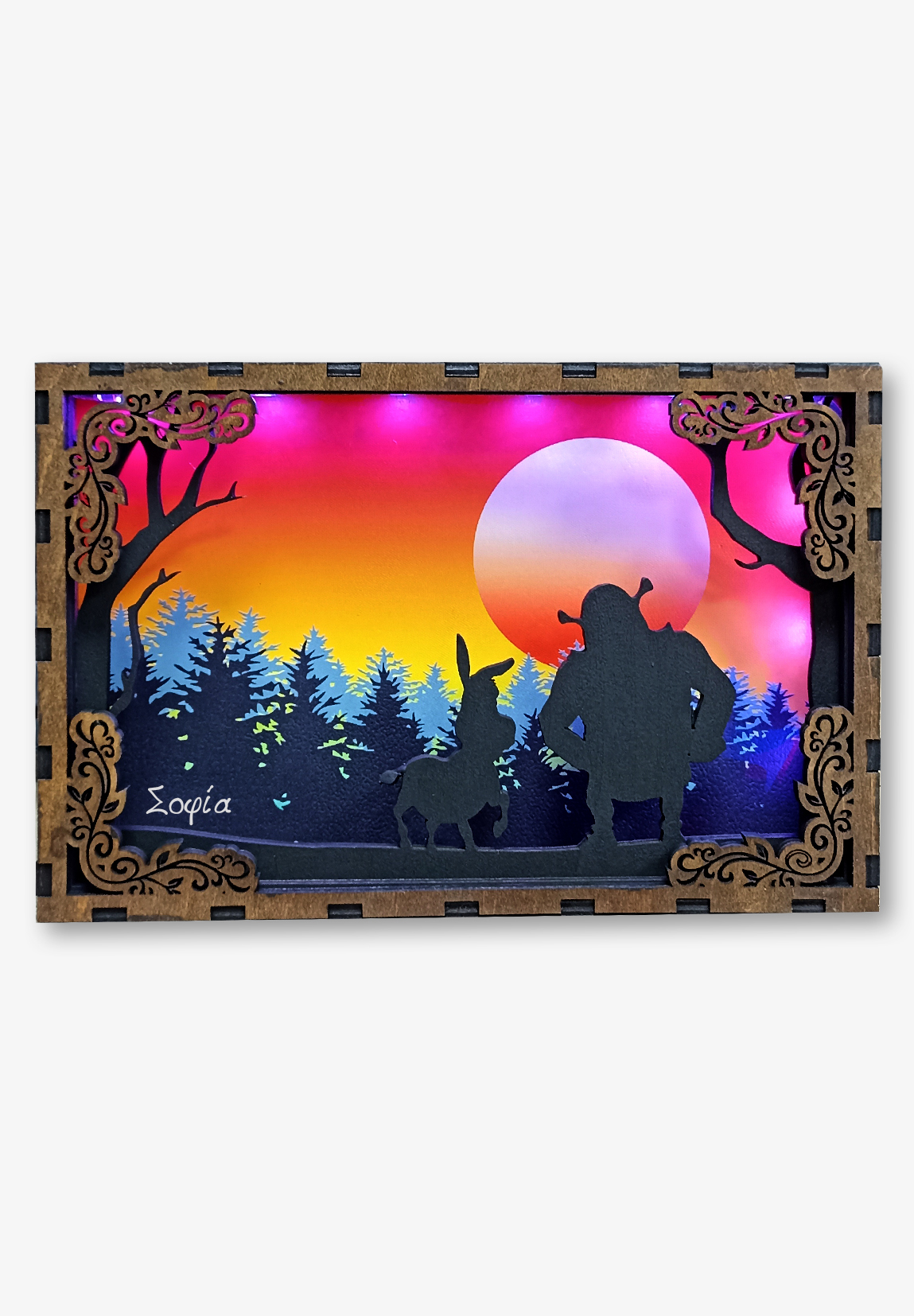 Ξύλινο 3D κάδρο με φως Shrek & Donkey + Όνομα