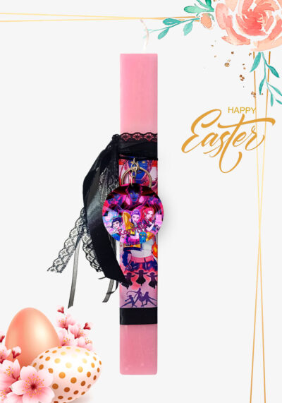 Λαμπάδα χειροποίητη, αρωματική, για το Πάσχα. Δώρο ξύλινο μπρελόκ με το προσωπικό όνομα. Θέμα μουσικό συγκρότημα Huntrix & Saja.