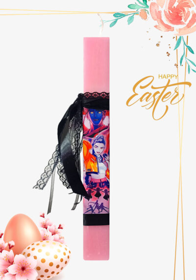 Λαμπάδα χειροποίητη, αρωματική, για το Πάσχα. Δώρο ξύλινο μπρελόκ με το προσωπικό όνομα. Θέμα μουσικό συγκρότημα Huntrix & Saja.