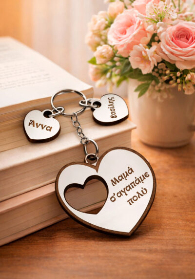 Ξύλινο μπρελόκ με μία μεγάλη καρδιά που γράφει Μαμά σ΄ αγαπάμε πολύ και δύο μικρότερες με τα ονόματα των παιδιών.