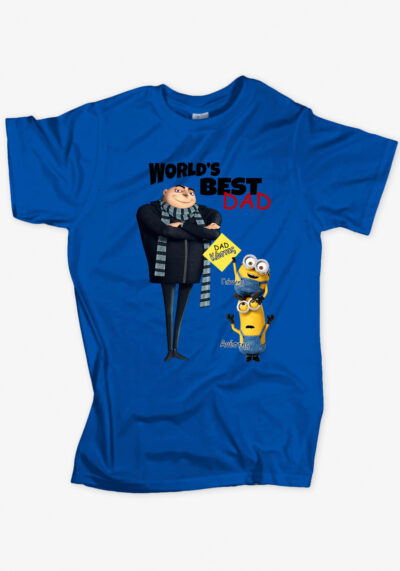T-shirt για τον μπαμπά και την γιορτή του πατέρα με θέμα : World's best dad. Κάτω από την εικόνα με τα minions είναι γραμμέμα τα ονόματα των παιδιών και του μπαμπά. Προεραιτικά. Dad two minions με ONOMATA