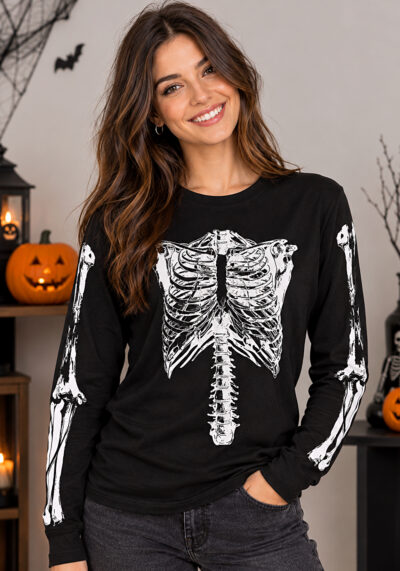 Halloween Skeleton T-shirt μαύρο με μακρύ μανίκι.